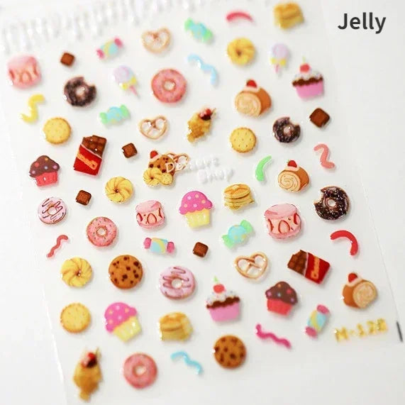 Colorful Food Pudding Alkali Water Bowknot Cream Fork Cup Bread Jelly Fruit Cartoon Cake Relief Nail Art Sticker Manicure Decals (ONLINE ORDER ONLY)