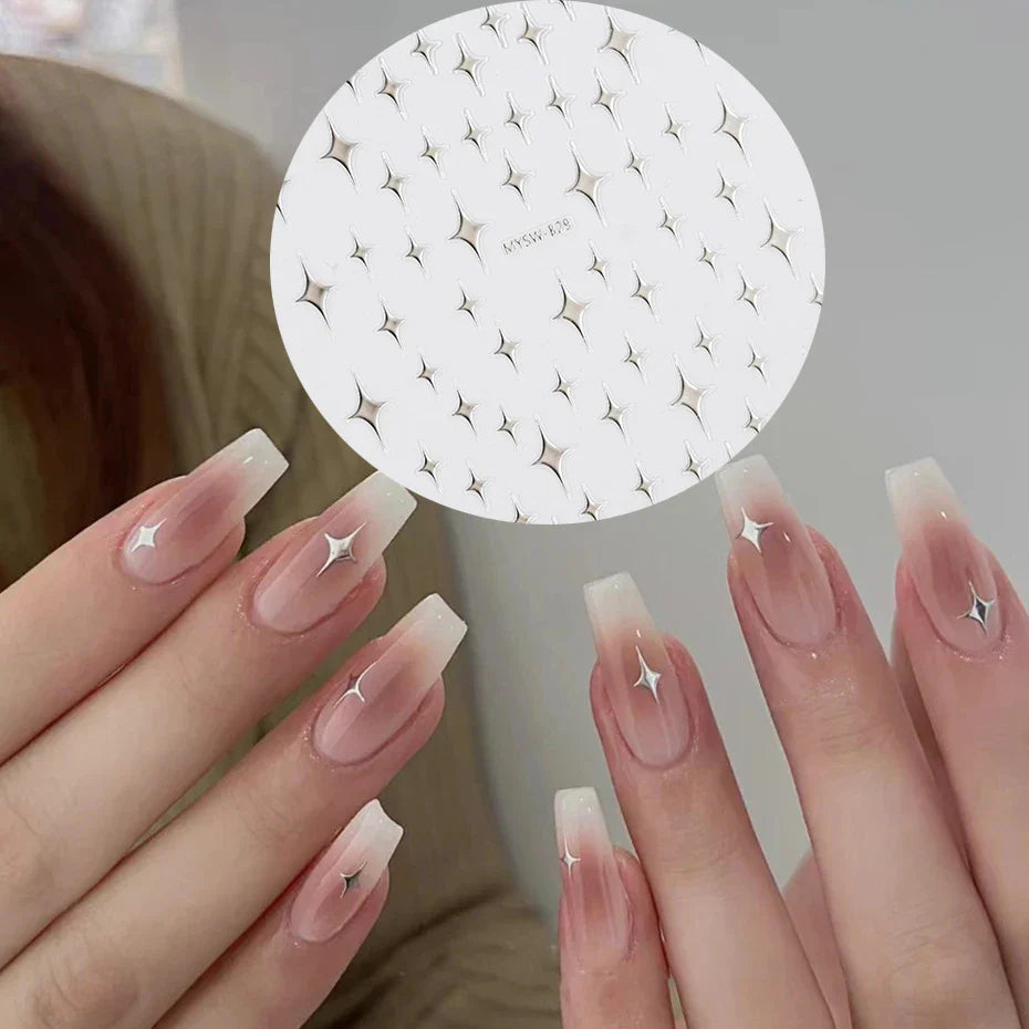 1PCS Sliver Stars Nails Stickers 3D Bronzing Laser White Cross Starlight Glossychic Y2K Stylish Adhesive Manicure Decorations *# (Online Order Only)