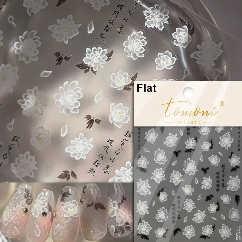 Gradient Coloredful Flower Petal Green Leaf Dreamy Shiny Chinese Rose Fantasy Relief Adhesive Nail Art Stickers Manicure Decals (Online Order Only)