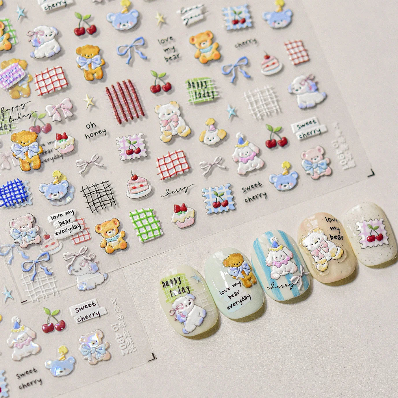 Cute Animals Bear Dog Cake Sweet Cherry Grid Bowknot Star Line Fruit Relief Self Adhesive Nail Art Stickers 3D Manicure Decals (ONLINE ORDER ONLY)