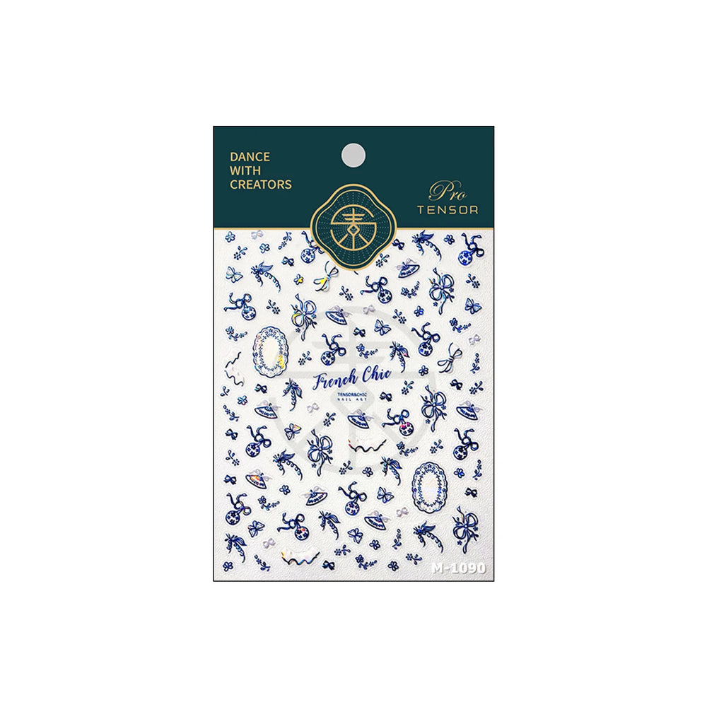 French Chic Blue Line Bowknot Fan Flower Leaves Butterfly Lace Frame Bell Shiny Self Adhesive Nail Art Stickers Manicure Decals (ONLINE ORDER ONLY)