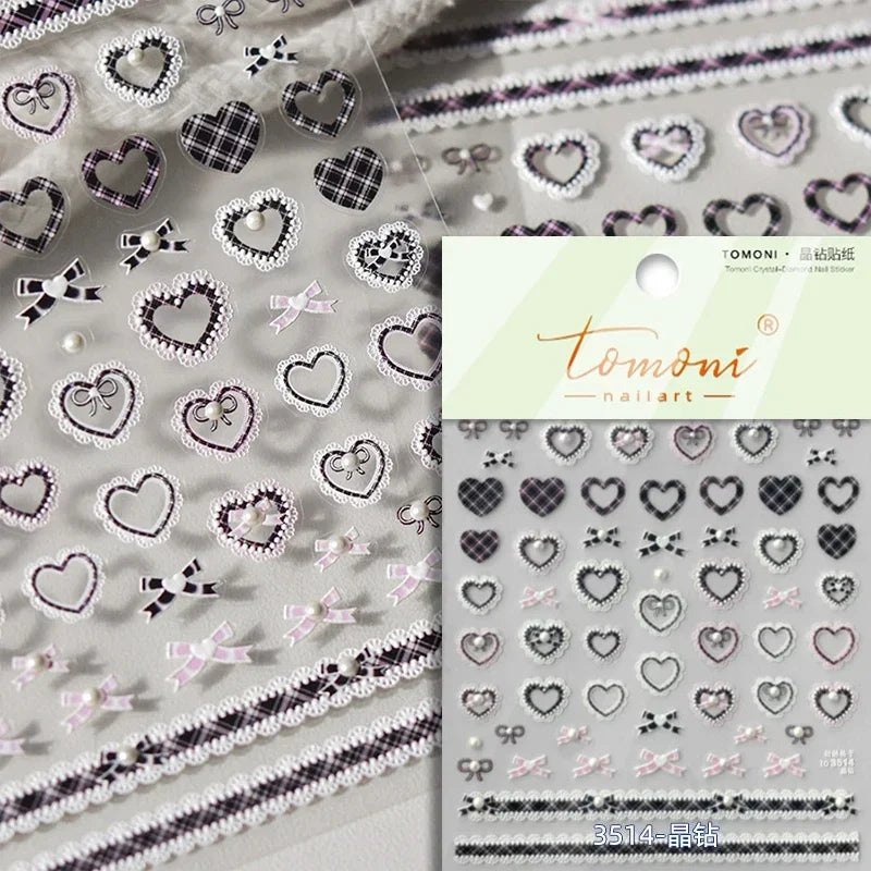 French Style Colorful Square Grid Rhombus Stripe Bowknot Line 3D Self Adhesive Nail Art Stickers Shiny Rhinestone Manicure Decal (Online Order Only)