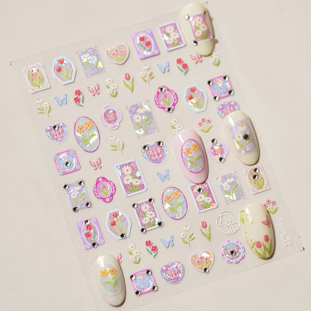 Retro Tulip Flowers Daisy Photo Frame Geometric Border Bowknot Butterfly Soft Relief Adhesive Nail Art Stickers Manicure Decals (ONLINE ORDER ONLY)