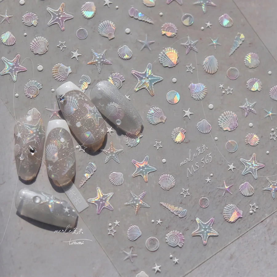 Summer Beach Ocean Shell Starfish Clams Conch Stars Sea Bubble Seasnail Soft Relief Decoration Nail Art Stickers Manicure Decals (ONLINE ORDER ONLY)
