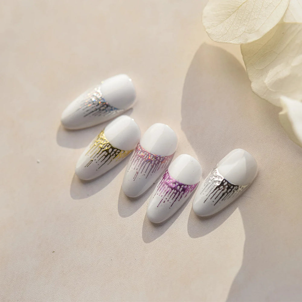 French Romantic Tassel Crescent Moon Laser Charming Gold Silver Arc Self Adhesive Nail Art Stickers Hot Stamping Manicure Decals (Online Order Only)