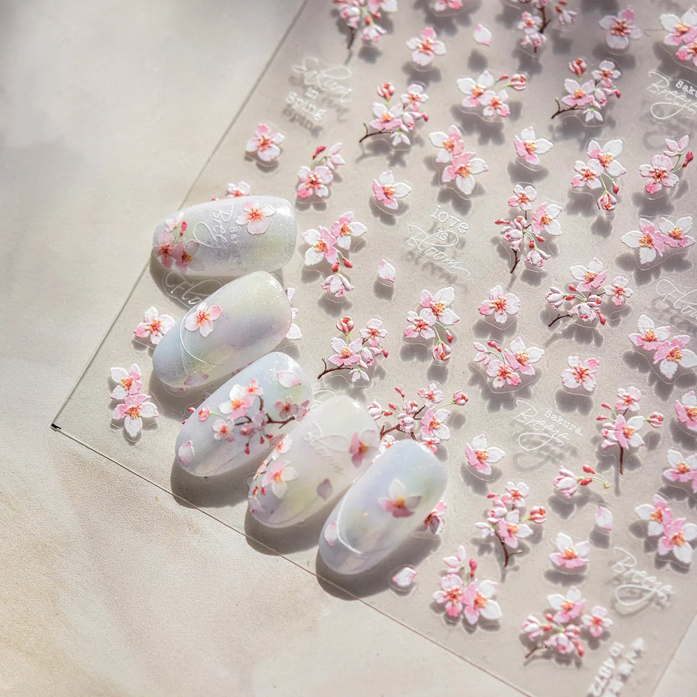 Flowers Blooming Cherry Blossom Sakura Living Peach Branch 5D Soft Relief Spring Adhesive Nail Art Sticker Chic Manicure Decals (ONLINE ORDER ONLY)