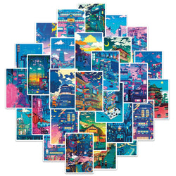 10/30/50pcs Anime View Street Night Painting Prints Cartoon Stickers Cute Aesthetic Decals Skateboard Laptop Phone Cool Sticker (Online Order Only)