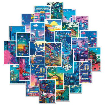 10/30/50pcs Anime View Street Night Painting Prints Cartoon Stickers Cute Aesthetic Decals Skateboard Laptop Phone Cool Sticker (Online Order Only)