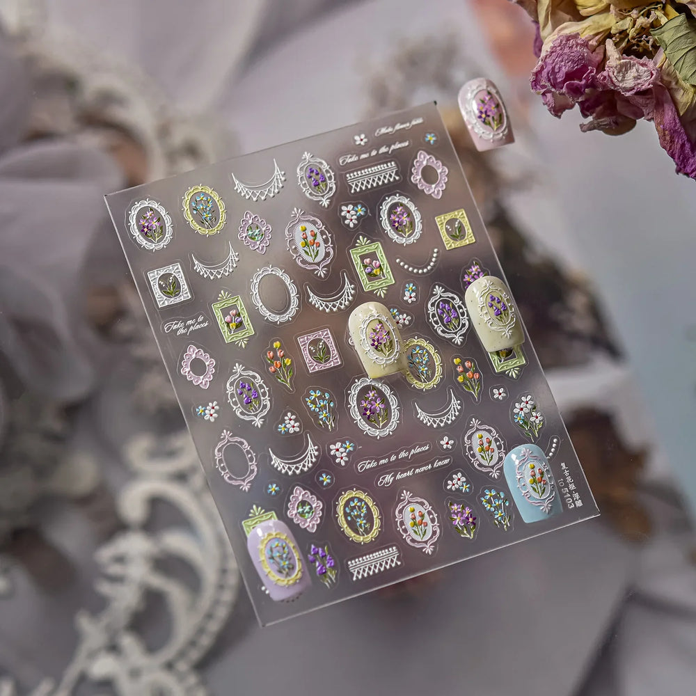 Retro European Flower Frame Gypsophila Bouquet Garden Charming Tulip Lavender Daisy Delicate Nail Art Stickers Manicure Decals (ONLINE ORDER ONLY)