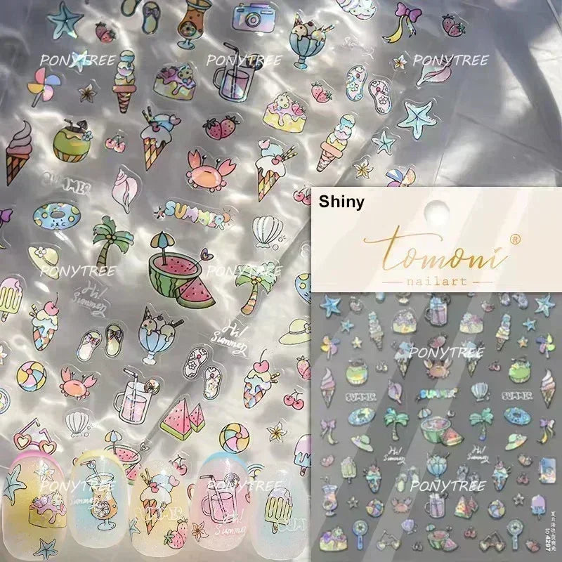 Hot Stamping Laser Shell Conch Starfish Pearl Whale Coral Dolphin Summer Beach Sea Wave Jellyfish Bubble Nail Art Stickers Decal (ONLINE ORDER ONLY)