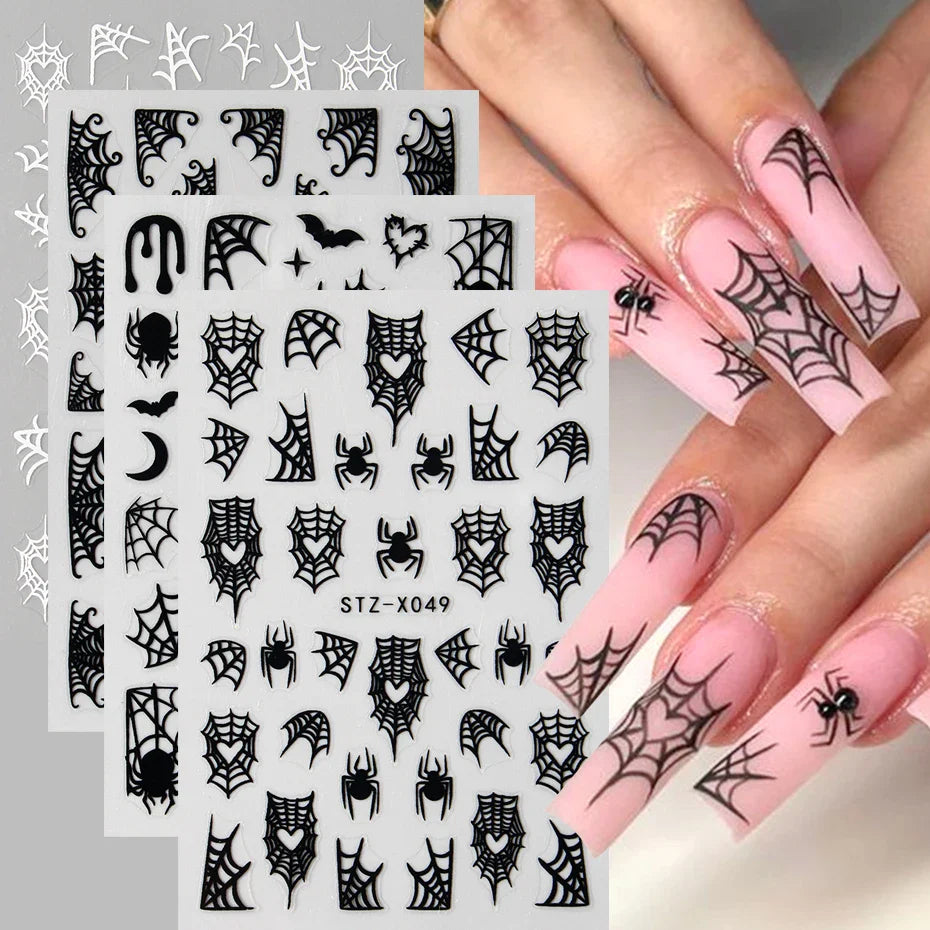 2 or 4pcs Halloween Nail Art Stickers Heart Spider Webs Designs Bat Moon Star Sliders Self-Adhesive Decals For Festive Manicure (ONLINE ORDER ONLY)