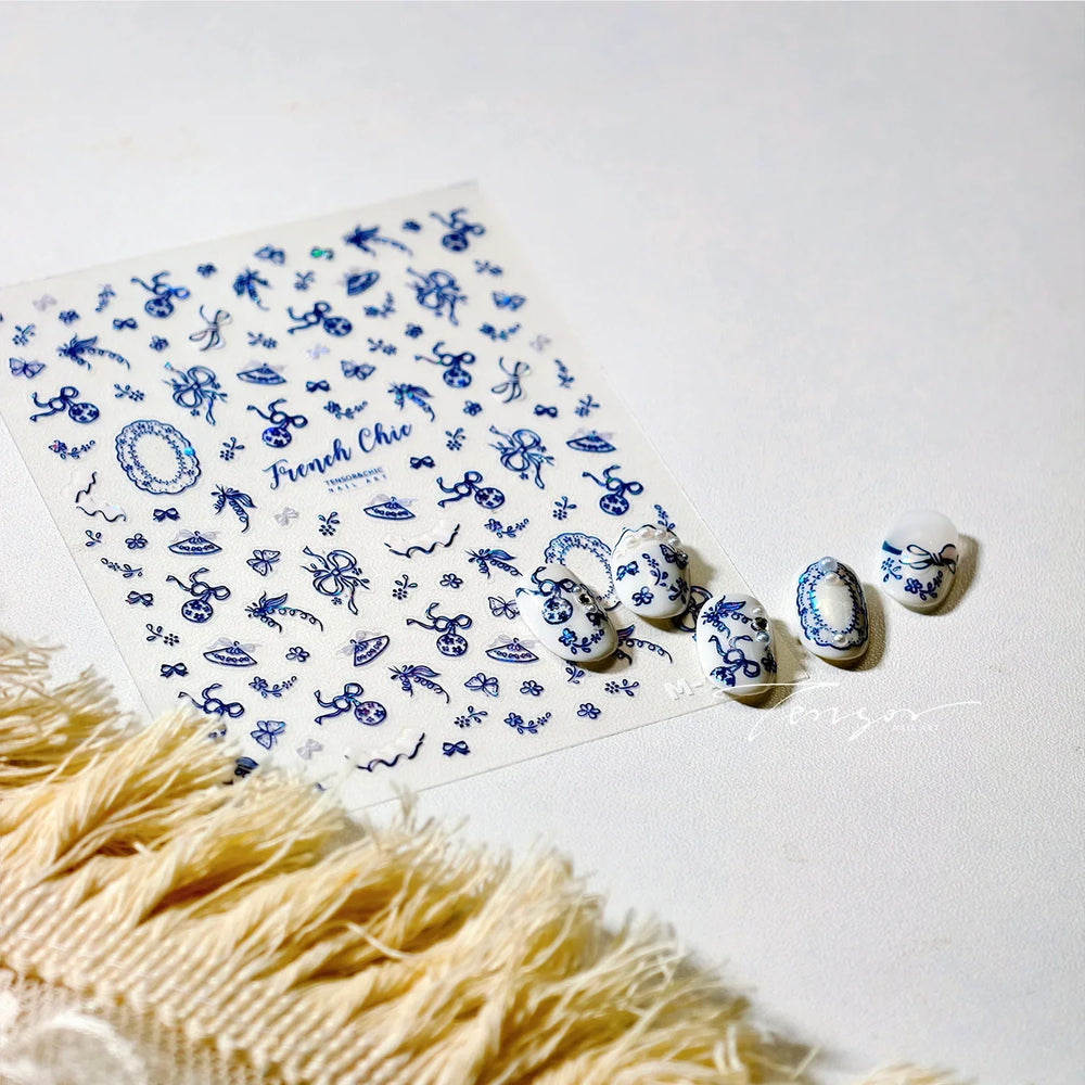 French Chic Blue Line Bowknot Fan Flower Leaves Butterfly Lace Frame Bell Shiny Self Adhesive Nail Art Stickers Manicure Decals (ONLINE ORDER ONLY)
