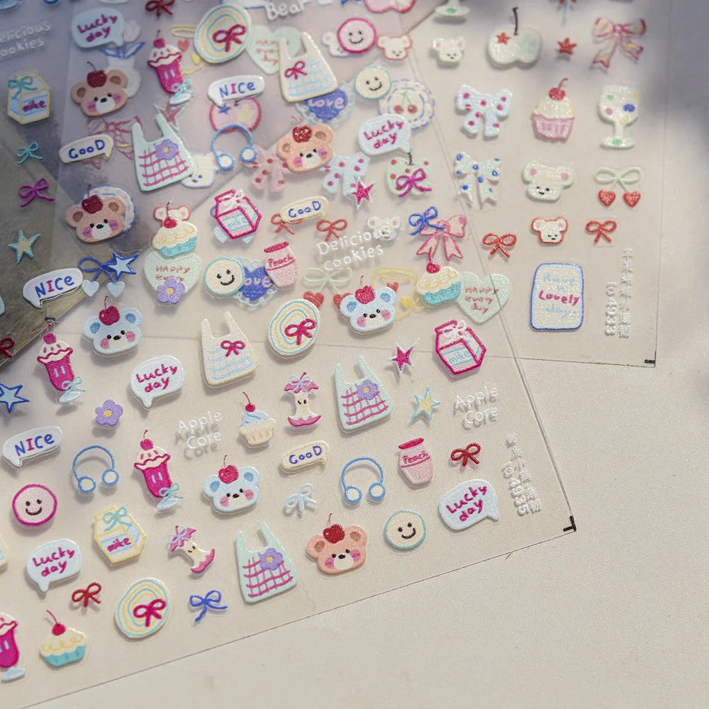 Bear Bowknot Bag Dessert Apple Core Earphone Cup Tulip Cherry Milk Cake Cookies Flower Adhesive Nail Art Stickers Manicure Decal (ONLINE ORDER ONLY)