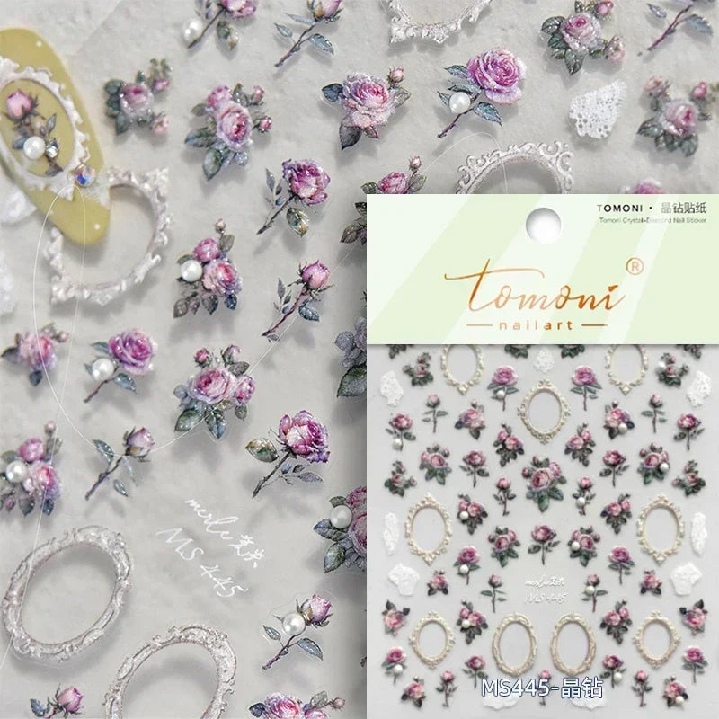 Chic Retro Rose Photo Frame Dried Flower Petal Self Adhesive Nail Art Stickers 5D Hot Stamping Relief Rhinestone Manicure Decals (Online Order Only)