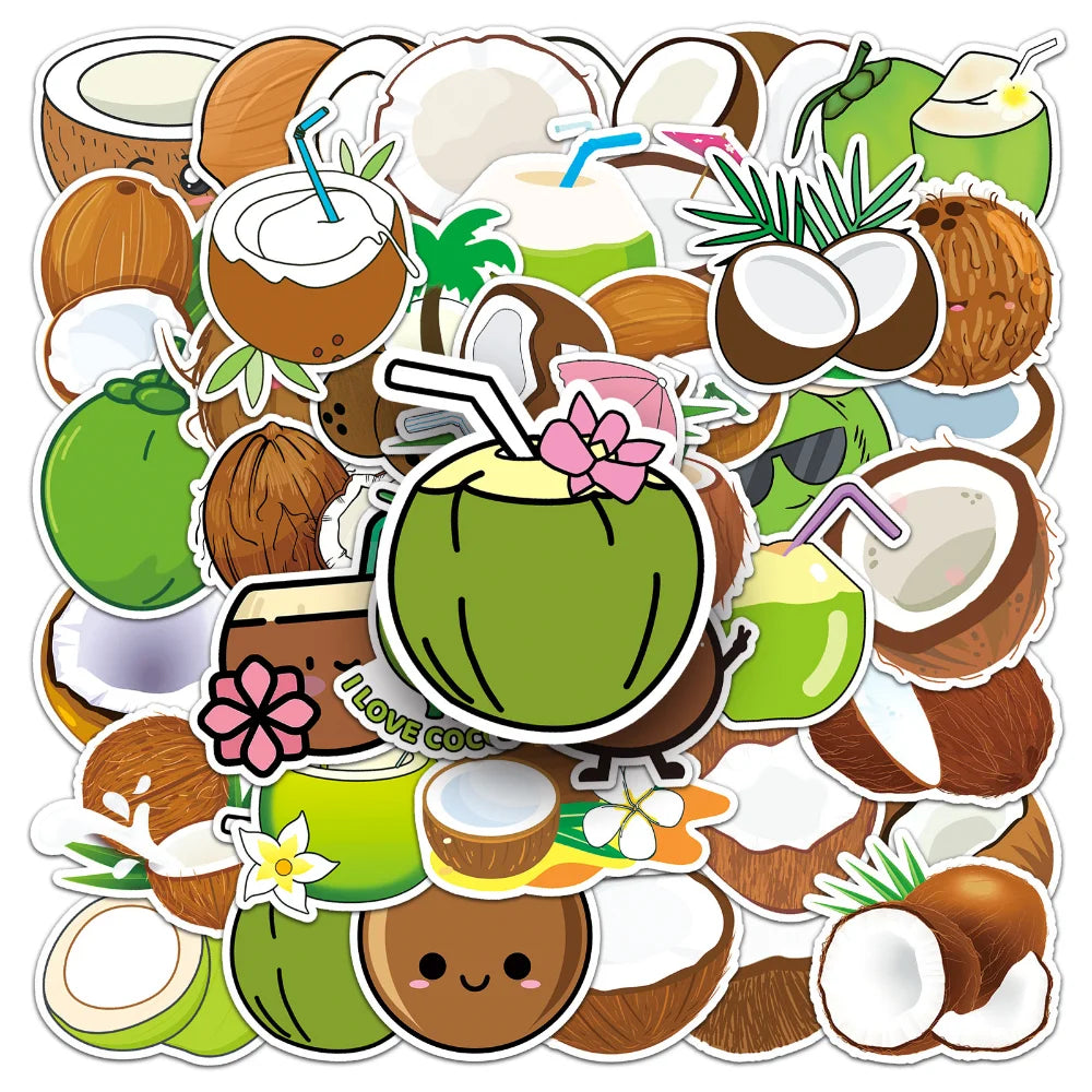 50PCS Summer Fruit Coconut Stickers for Phone Suitcase Scrapbook Scrapbooking Material Hawaii Sticker DIY Sticker (Online Order Only)