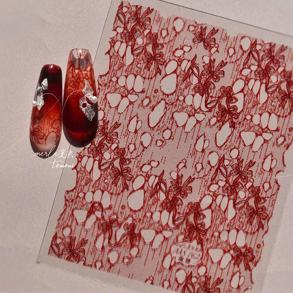 Lace Bowknot Hollow Out Fabric Art Fragmentation Sensation Petal Embossed Hottie Adhesive Nail Art Sticker Chic Manicure Decals (ONLINE ORDER ONLY)