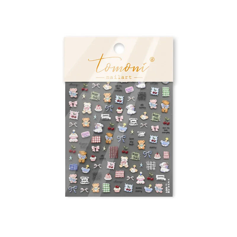 Cute Animals Bear Dog Cake Sweet Cherry Grid Bowknot Star Line Fruit Relief Self Adhesive Nail Art Stickers 3D Manicure Decals (ONLINE ORDER ONLY)