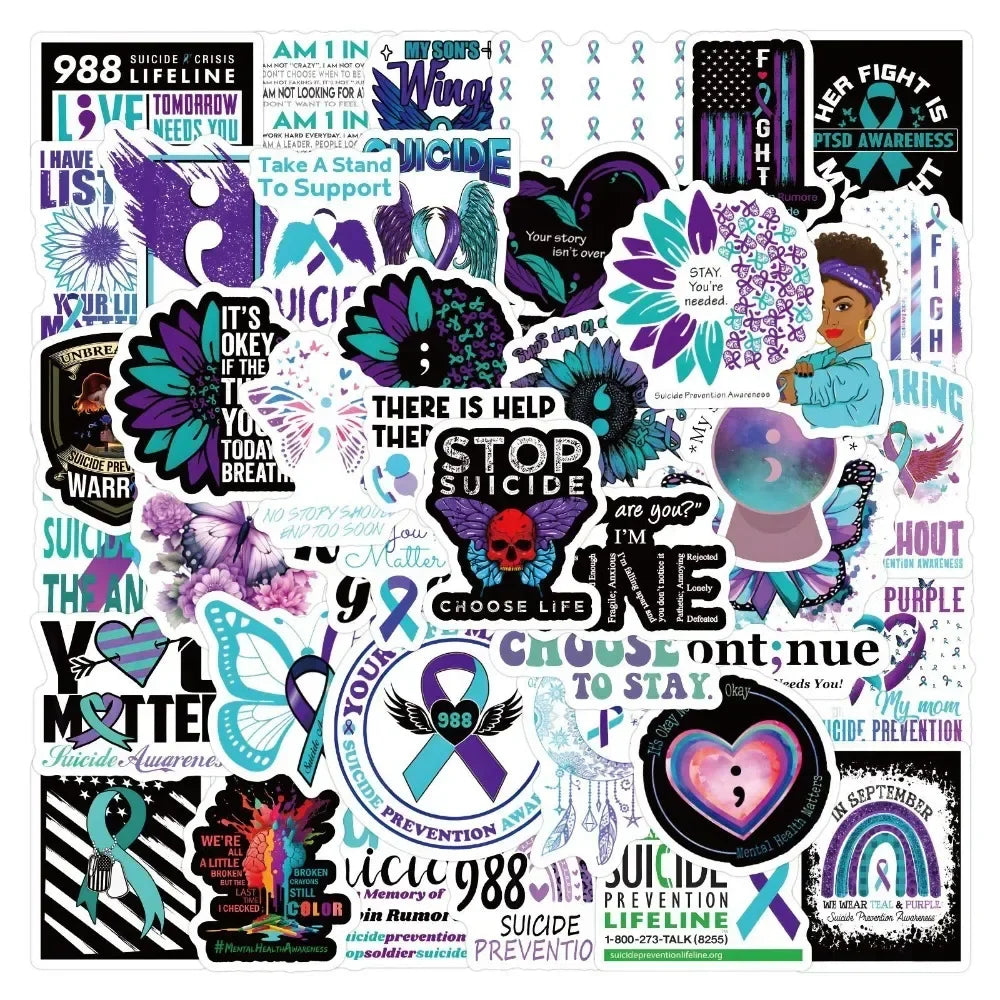 50/100Pcs Suicide Awareness Stickers Teal Purple Ribbon Suicide Prevention Waterproof Decals for Water Bottle Laptop Phone (ONLINE ORDER ONLY)