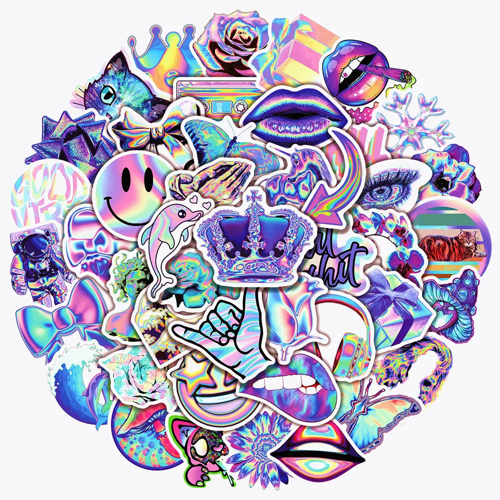 10/30/50PCS Mixed Cartoon Holographic Laser Cool Stickers Aesthetic Decal Skateboard Phone Car Luggage Sticker Kid Classic Toy (ONLINE ORDER ONLY)