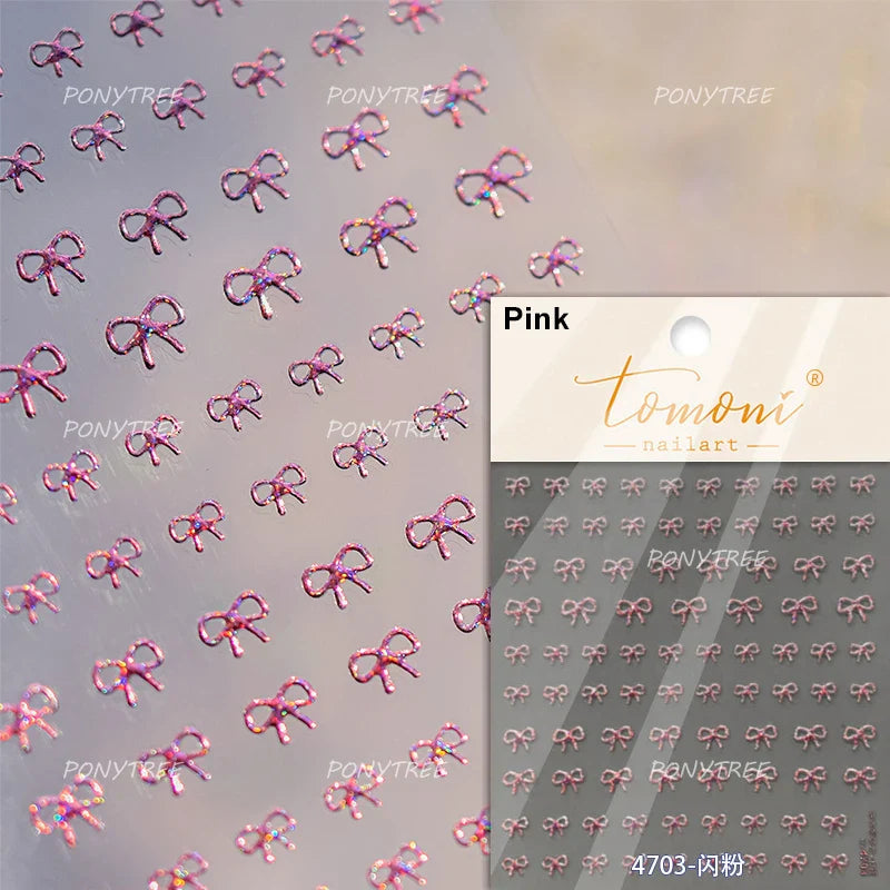 Shiny Pink Silver Gold Bowknot Tie Line Mini Delicate 3D 5D Self Adhesive Nail Art Stickers Embossment Rhinestone Manicure Decal (Online Order Only)