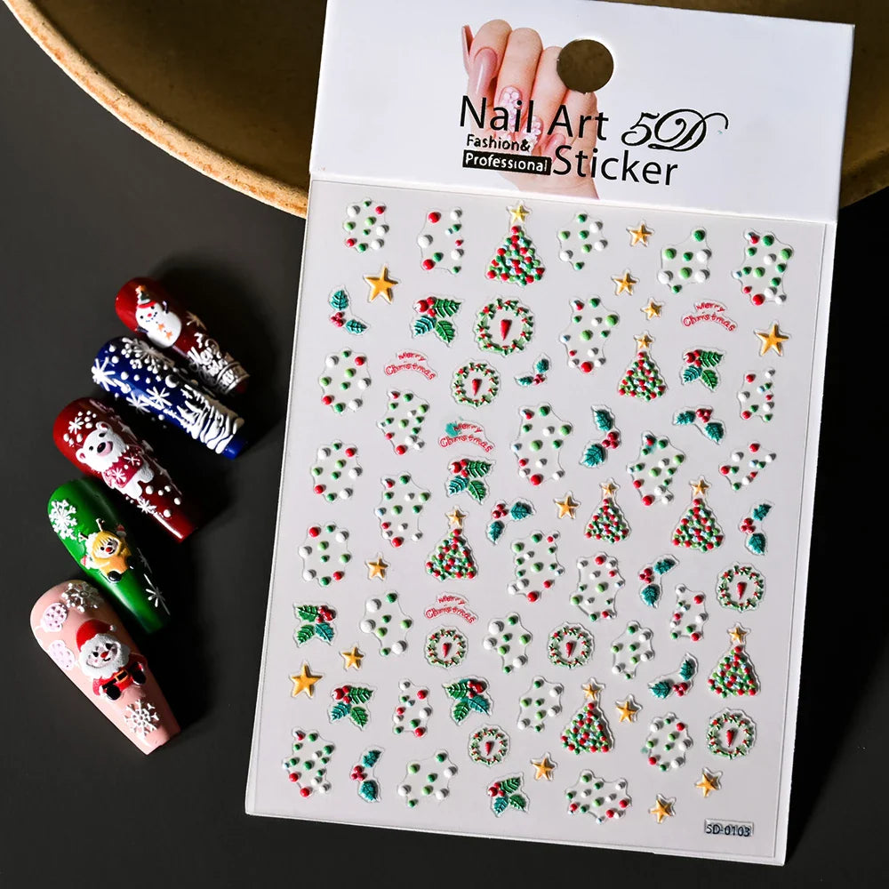 Cute Deer Christmas Nail Stickers 5D Embossed Elk Star Gingerbread Man Snowflake Santa Claus Holly DIY Winter Engraved Manicure* (ONLINE ORDER ONLY)