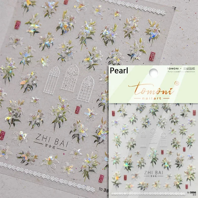 Gradient Coloredful Flower Petal Green Leaf Dreamy Shiny Chinese Rose Fantasy Relief Adhesive Nail Art Stickers Manicure Decals (Online Order Only)