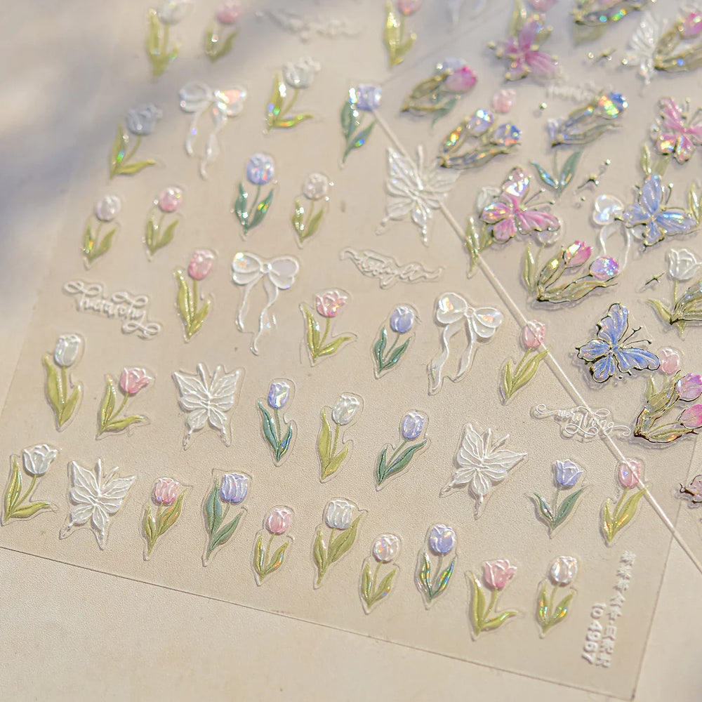 Dreamy White Lace Bowknot Purple Pink Gradual Tulip Flower Butterfly Garden Relief Adhesive Nail Art Stickers Manicure Decals (Online Order Only)
