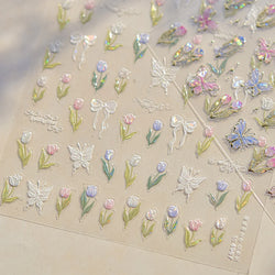 Dreamy White Lace Bowknot Purple Pink Gradual Tulip Flower Butterfly Garden Relief Adhesive Nail Art Stickers Manicure Decals (Online Order Only)