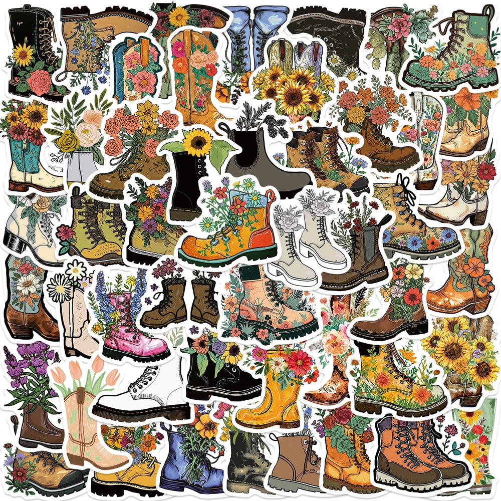 50pcs Vintage Flowers Boots Graffiti Stickers  DIY Scrapbooking  Waterproof Sticker For Laptop Phone Guitar Luggage (Online Order Only)