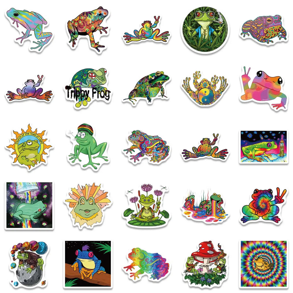 50PCS Cartoon Colorful Psychedelic Frog Stickers Aesthetics Laptop Guitar Luggage Phone Graffiti Sticker Decal Kid Toy (ONLINE ORDER ONLY)