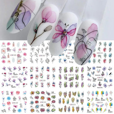 12 PCs Nail Sticker Set Spring Summer Water Decal Nail Art Ink Flowers Leaves Graffiti Slider for Nail Decoration Foils Tattoo (Online Order Only)