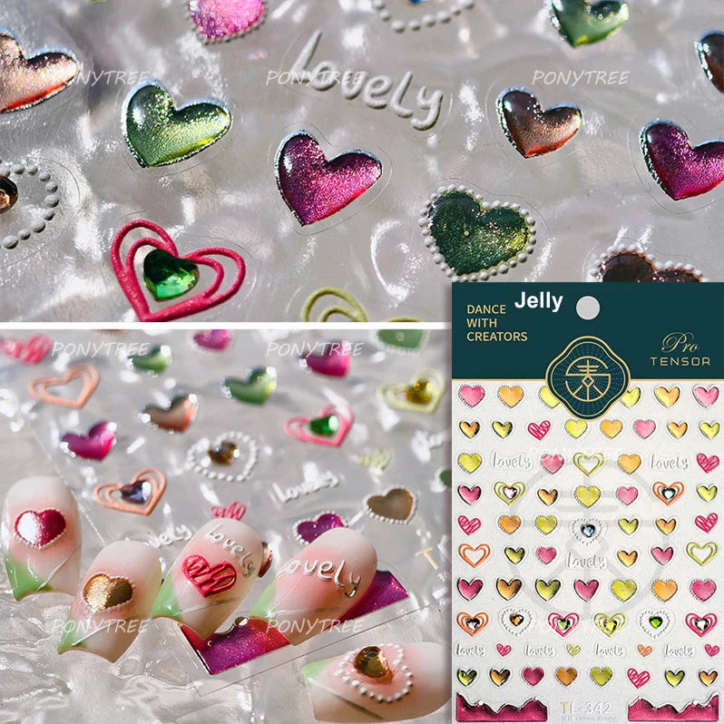 Lovely Love Heart Graffiti Crystal Geometric Cat's Eye Macaron Color Hollow Out Self Adhesive Nail Art StickersManicure Decals (ONLINE ORDER ONLY)