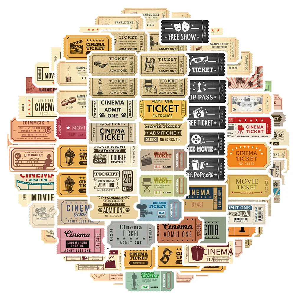 10/40/80pcs Vintage Classic Movie Ticket Stickers Laptop Skateboard Luggage Phone Car Motorcycle Waterproof Sticker Kids Toys (ONLINE ORDER ONLY)