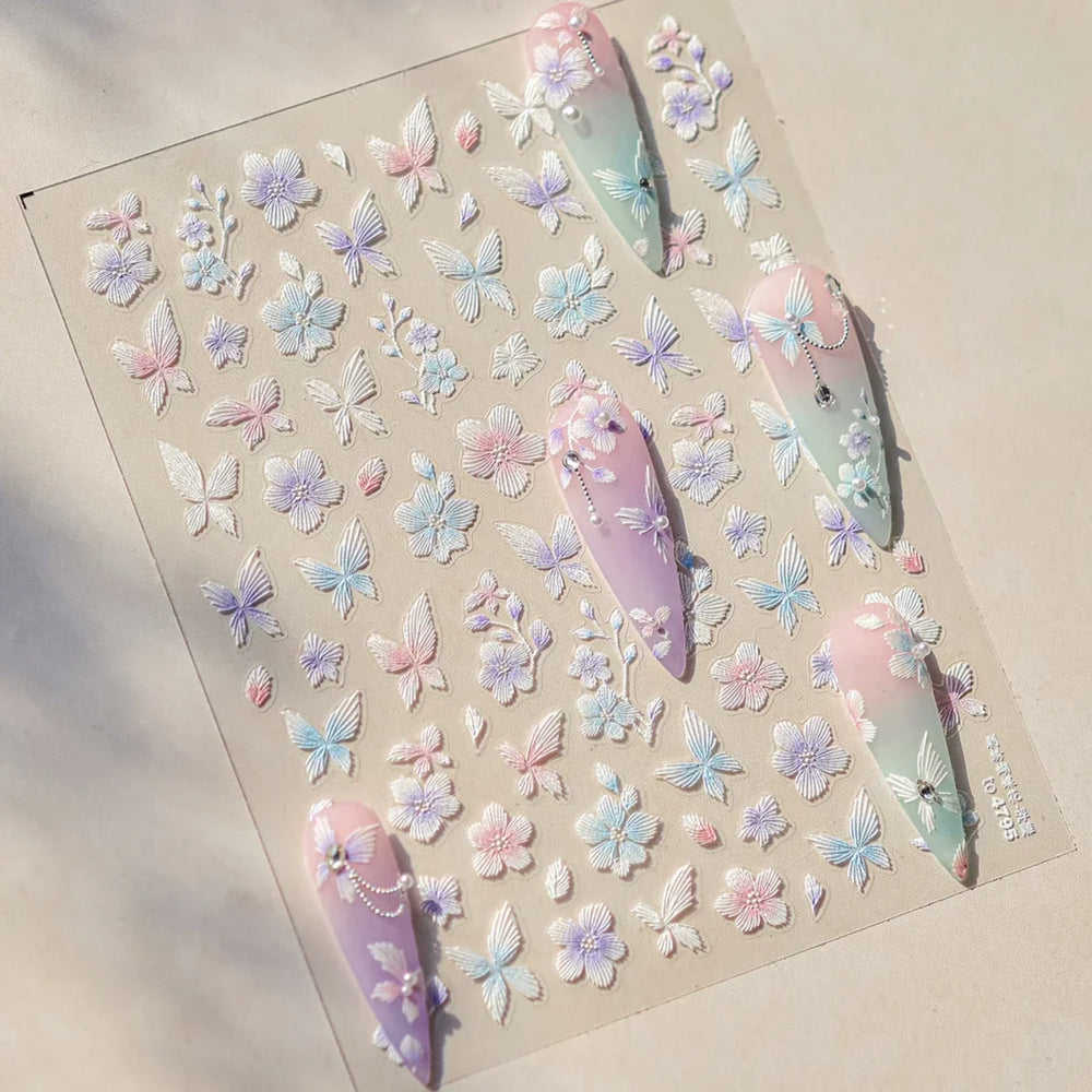 Embroidered Butterfly Flower Colourful Gradient Morning Glory Leaves Self Adhesive Nail Art Stickers Rhinestone Manicure Decals (ONLINE ORDER ONLY)