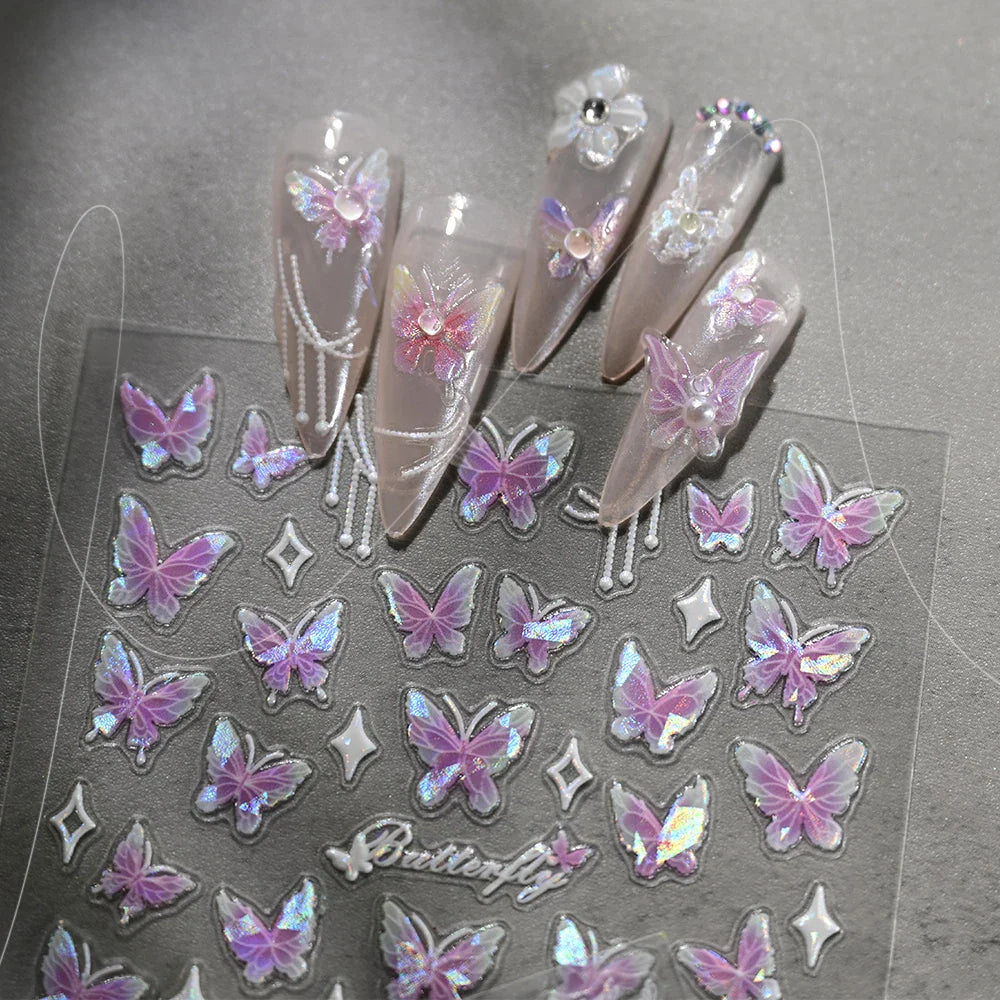 1pc Aurora Butterfly Nail Stickers Pink Butterfly Shell Light Beam Angel Wings Sliders Fairy Light & Lively Translucent Nail Dec (ONLINE ORDER ONLY)