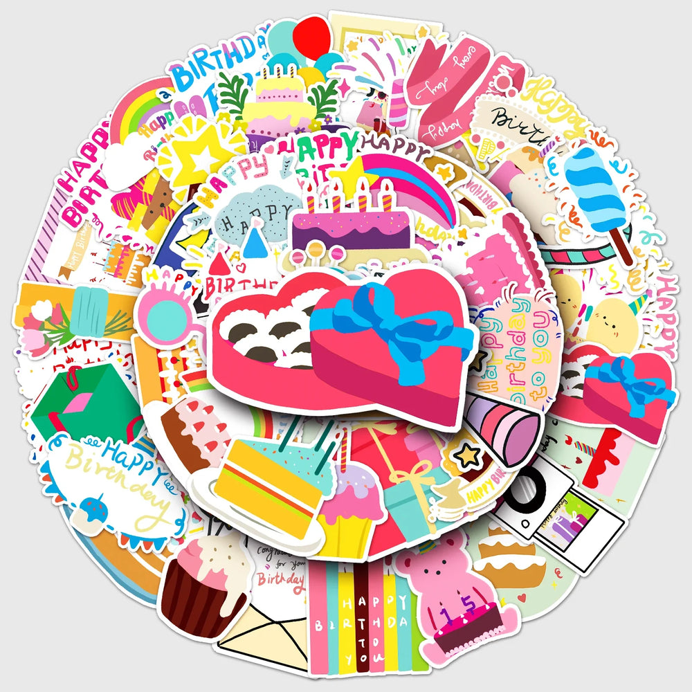 50Pcs Birthday Cartoon Waterproof Vinyl Stickers for Skateboard Snowboard (ONLINE ORDER ONLY)