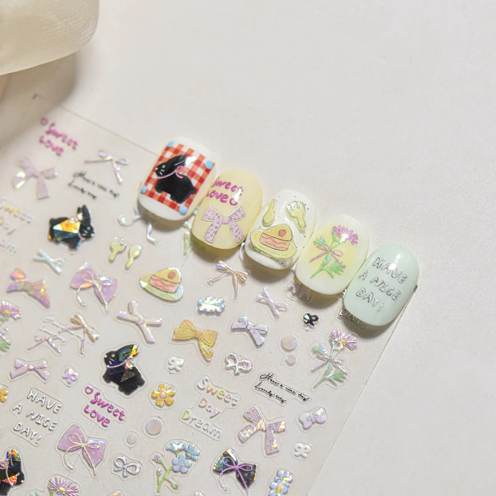 Shiny Black Rabbit Bowknot Flower Cake Fork Spoon 5D Soft Embossed 3D Flat Self Adhesive Nail Art Stickers Lovely Manicure Decal (ONLINE ORDER ONLY)
