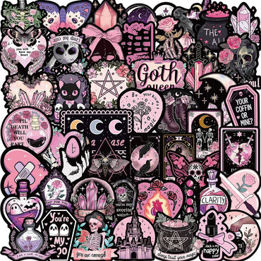 10/30/50pcs Cool Cartoon Black and Pink Gothic Stickers Aesthetic Decals DIY Laptop Notebook Phone Car Fridge Decoration Sticker (Online Order Only)