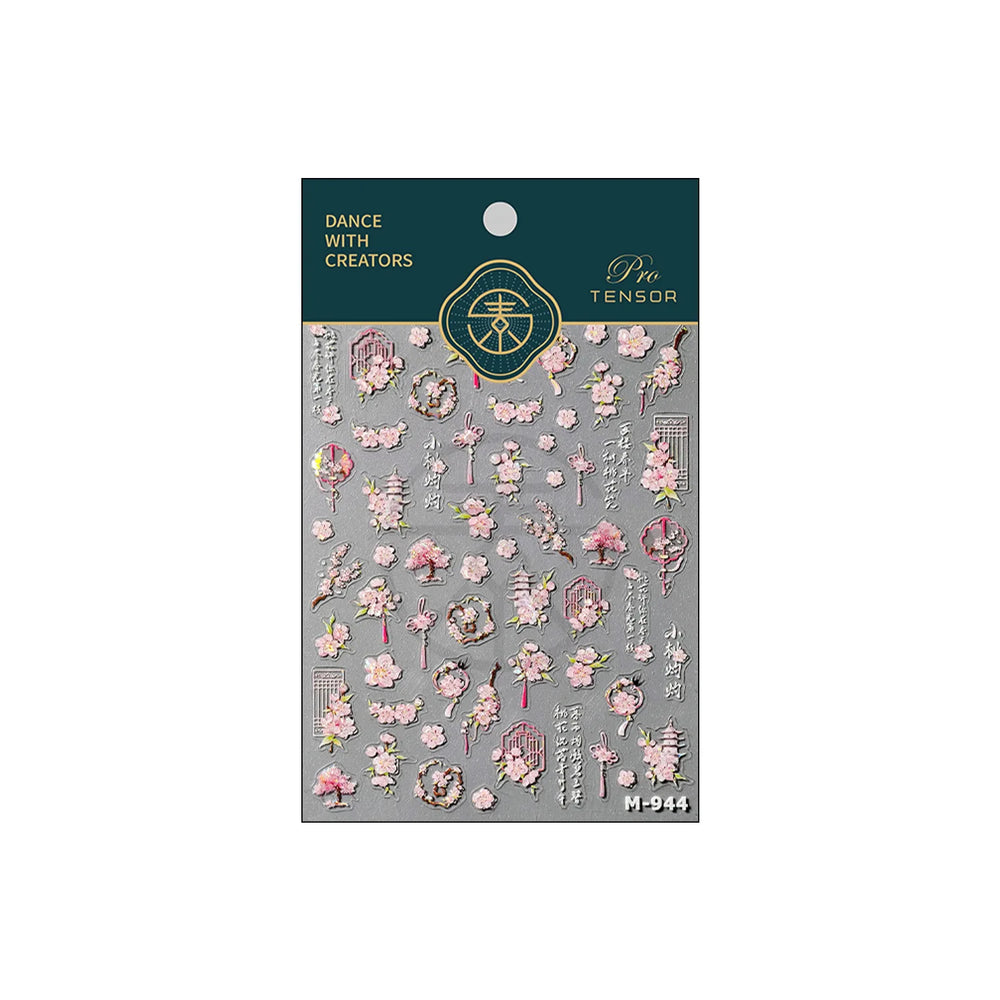 Romantic Pink Peach Blossom Tower Circular Fan Hollowed Window Tassel Pendant Antique Tree Chic Nail Art Stickers Manicure Decal (ONLINE ORDER ONLY)