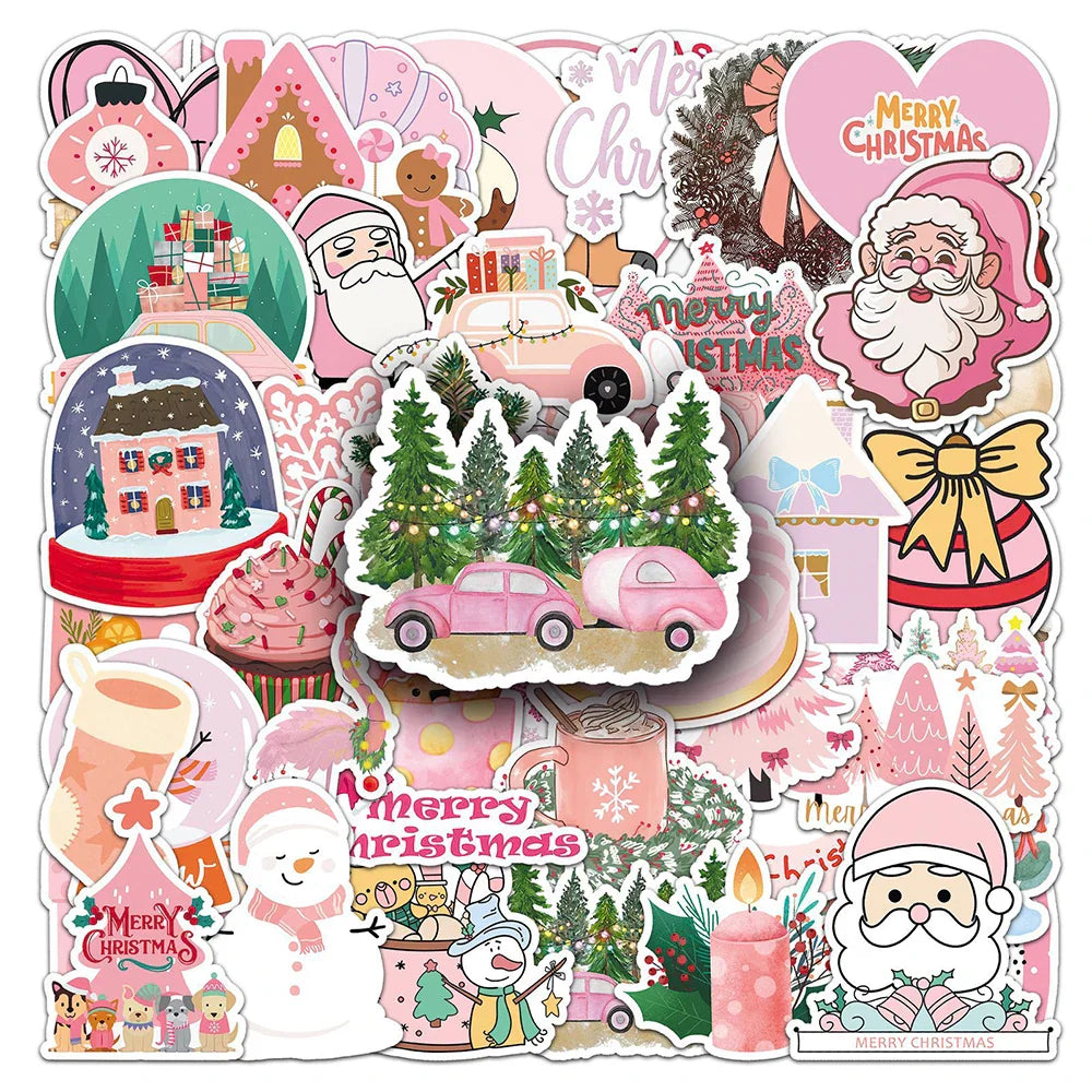 Pink Santa Claus Stickers - 10/30/50pcs Cute Christmas Decals for Phone, Fridge, Suitcase, Skateboard, Bike Gifts (ONLINE ORDER ONLY)