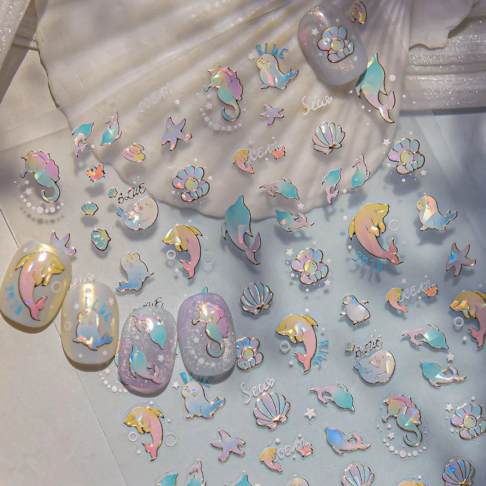 Colored Whale Seahorse Shell Crab Otter Pearl Oyster Starfish Ocean Dreamy Adhesive Nail Art Stickers Manicure Decals Wholesale (ONLINE ORDER ONLY)