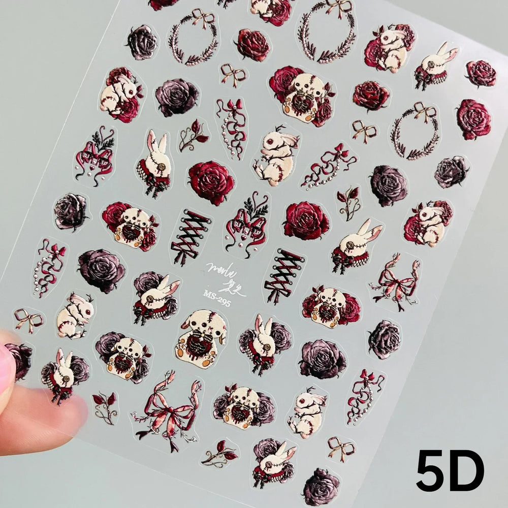 Retro Black Line Skull Man Woman 5D Embossed Relief Self Adhesive Nail Art Sticker Bear Bunny Hand Bird Horror 3D Manicure Decal (Online Order Only)