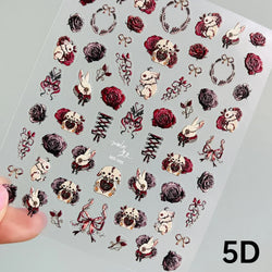 Retro Black Line Skull Man Woman 5D Embossed Relief Self Adhesive Nail Art Sticker Bear Bunny Hand Bird Horror 3D Manicure Decal (Online Order Only)