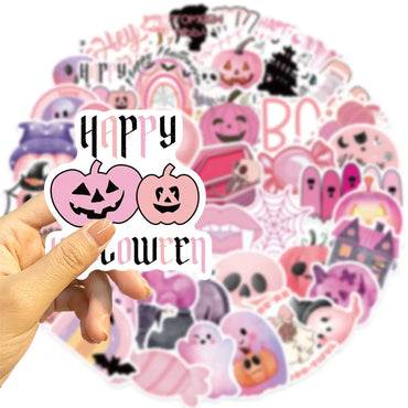 10/50pcs Kawaii Pink Halloween Ghost Skull Pumpkin Stickers Notebook Guitar Skateboard Waterproof Cute Decorative Sticker Toy (ONLINE ORDER ONLY)