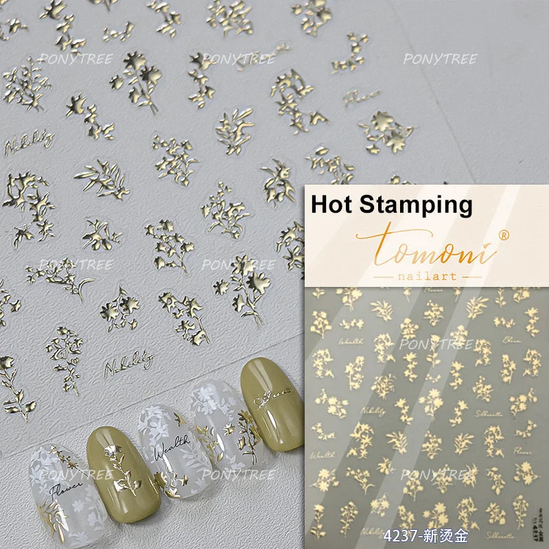 Gold Hot Stamping Flowers Leaves 3D 5D Pearl Bead Delicate Self Adhesive Nail Art Decorations Stickers Manicure Decals Wholesale (Online Order Only)