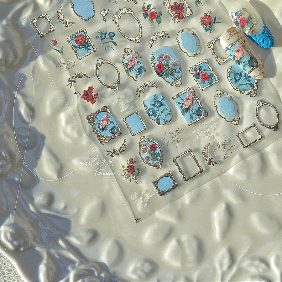 Chic Retro Rose Photo Frame Dried Flower Petal Self Adhesive Nail Art Stickers 5D Hot Stamping Relief Rhinestone Manicure Decals (Online Order Only)