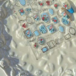 Chic Retro Rose Photo Frame Dried Flower Petal Self Adhesive Nail Art Stickers 5D Hot Stamping Relief Rhinestone Manicure Decals (Online Order Only)