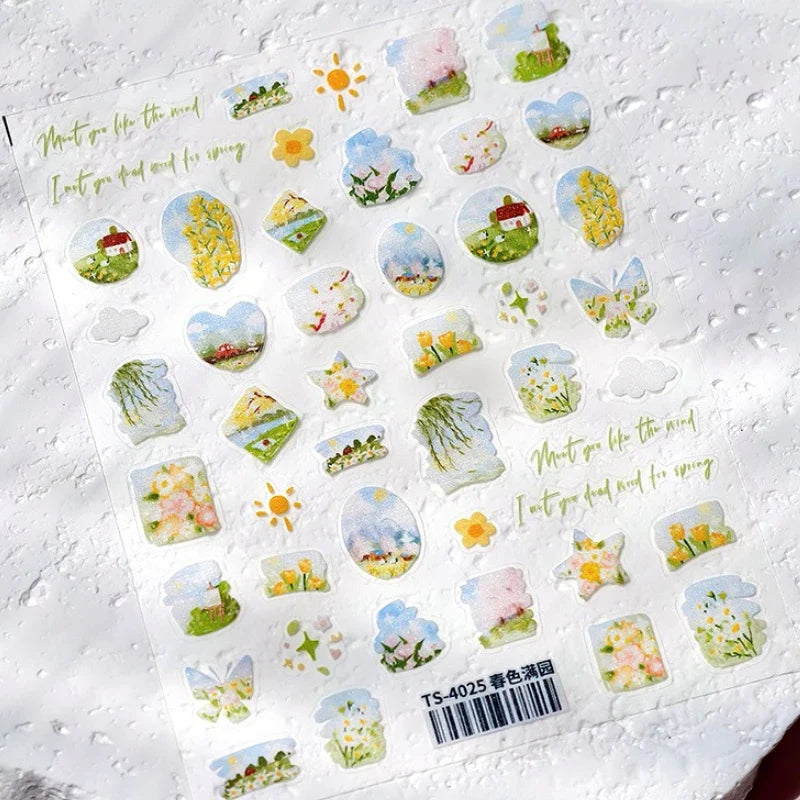 Painting Sketch Tulip Daisy Willows Scenery Daisy Colorful Flowers Sun Star Butterfly Wicker 3D Nail Art Stickers Manicure Decal (ONLINE ORDER ONLY)