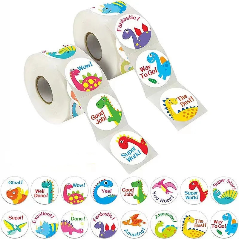 100-500pcs Cute Dinosaur Pattern Reward Encouragement Sticker Roll for Kids Motivational Stickers with Cute Animals for Students (ONLINE ORDER ONLY)