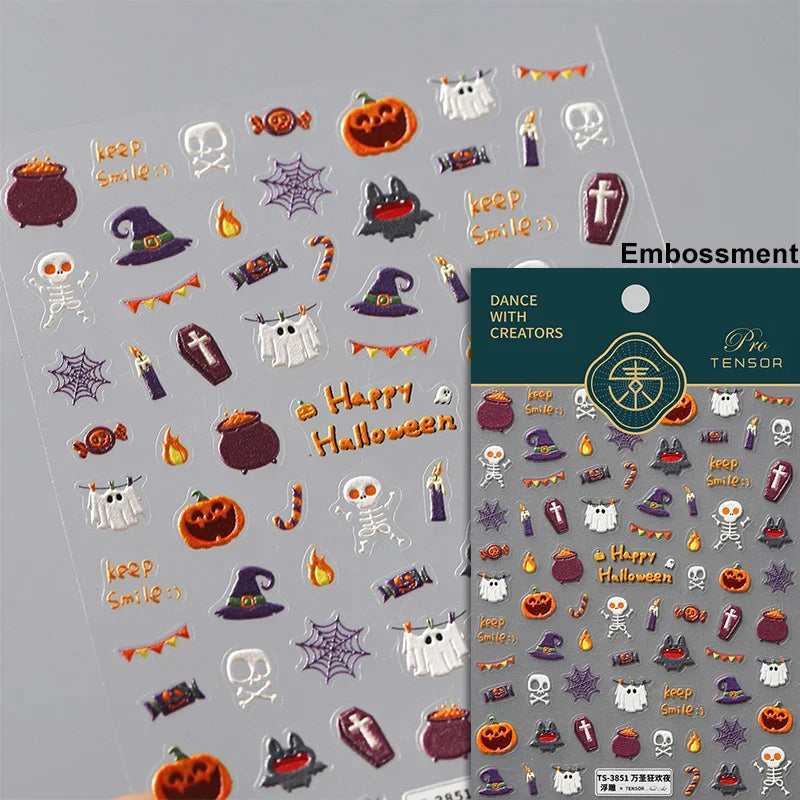 Halloween Ghost Pumpkin Bat Coffin Cat Spider Demon Jelly Self Adhesive Nail Art Sticker Terrifying Candy Candle Manicure Decals (ONLINE ORDER ONLY)